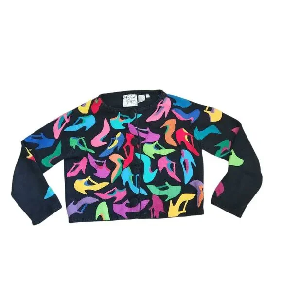 Vintage Michael Simon Sweater Cardigan Small High Heels Pop Art to Wear Embellis - Picture 2 of 5